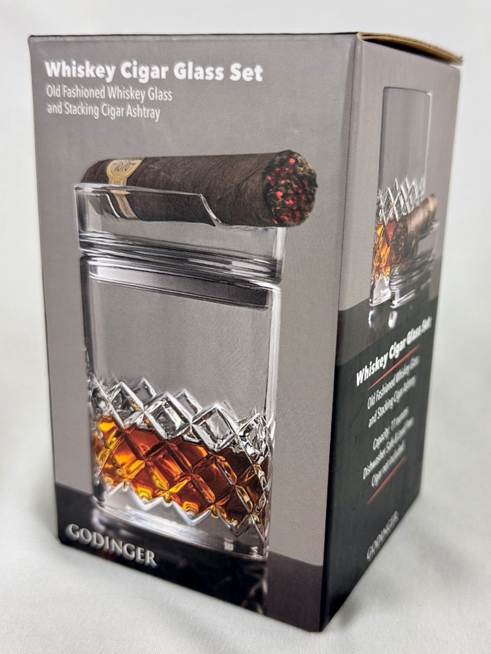 NWT Godinger Whiskey Glass and Stacking Cigar Ashtray Hatch Glass Set